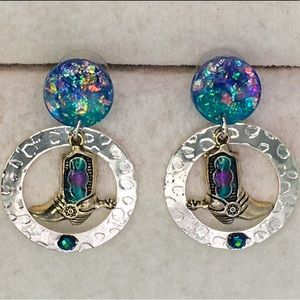 Earrings with western boots multi color and silver tones.